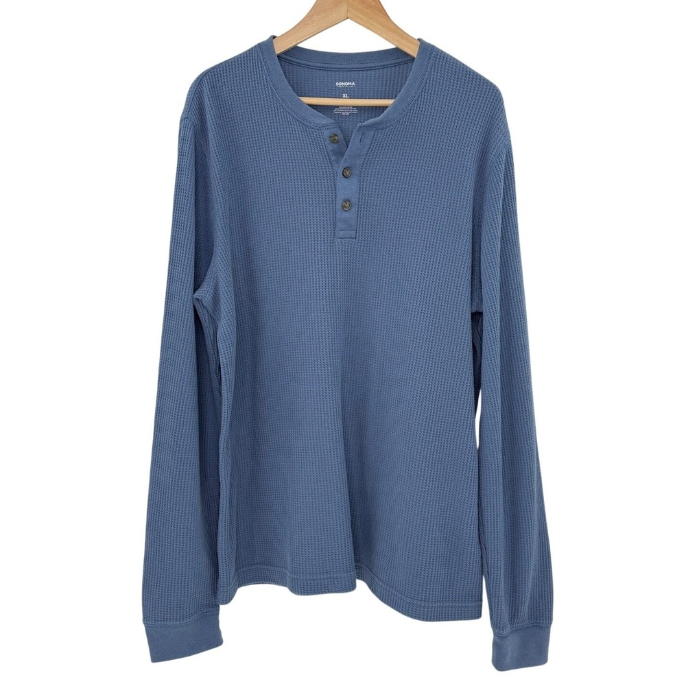 SONOMA Goods for Life Mens Long Sleeve Waffle‎ Knit Henley Shirt Blue XL